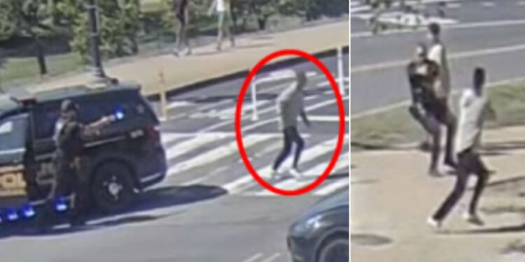 As police arrived at the scene, left, the gunman started to run and then exchanged shots with an officer, right. A teenager behind the officer was struck.