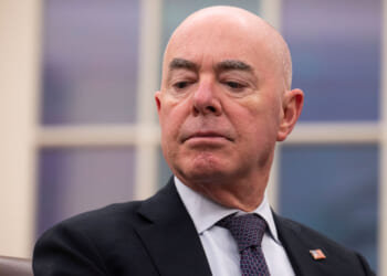 Homeland Security Secretary Alejandro Mayorkas is seen during a briefing on the full federal response directed to the wildfires across Los Angeles at the White House in Washington, DC., on January 13, 2025. (Photo by Craig Hudson for The Washington Post via Getty Images)