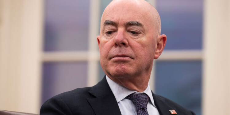 Homeland Security Secretary Alejandro Mayorkas is seen during a briefing on the full federal response directed to the wildfires across Los Angeles at the White House in Washington, DC., on January 13, 2025. (Photo by Craig Hudson for The Washington Post via Getty Images)
