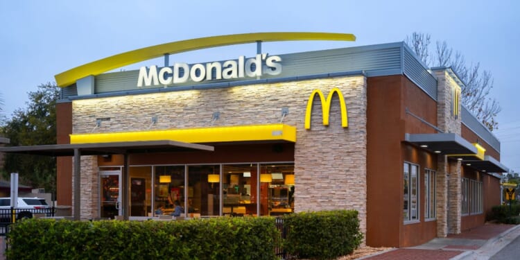 A nighttime closeup view of a McDonald's restaurant in Kissimmee, Florida, on Feb. 6, 2022.