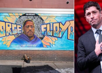 Minneapolis Mayor Jacob Frey, right, chose to honor George Floyd, whose image at left is depicted in a mural at the city's George Floyd Square, on Memorial Day.