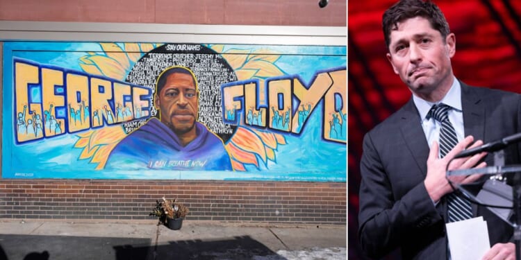 Minneapolis Mayor Jacob Frey, right, chose to honor George Floyd, whose image at left is depicted in a mural at the city's George Floyd Square, on Memorial Day.