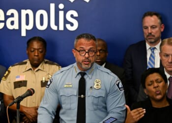 Minneapolis Police Chief Brian O'Hara speaks at a law enforcement briefing following a mass shooting at Annunciation Catholic School on Aug. 28, 2025, in Minneapolis, Minnesota.