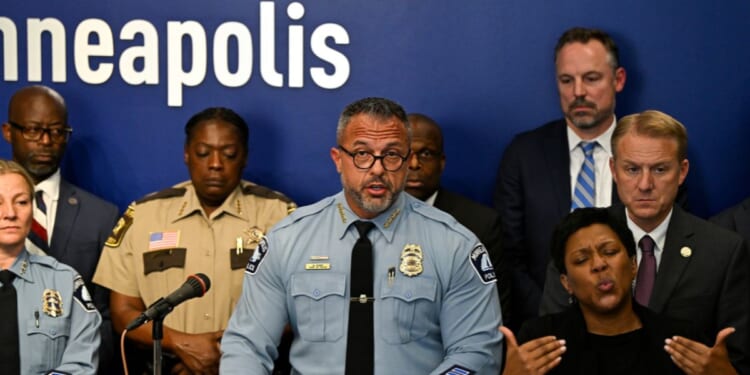 Minneapolis Police Chief Brian O'Hara speaks at a law enforcement briefing following a mass shooting at Annunciation Catholic School on Aug. 28, 2025, in Minneapolis, Minnesota.