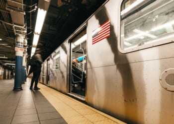 A subway train ready for departure in New York.