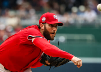 WASHINGTON, DC - JUNE 08: Trevor Williams #32 of the Washington Nationals baseball team pitches against the Texas Rangers in the first inning at Nationals Park on June 08, 2025 in Washington, DC. (Photo by Samuel Corum/Getty Images)