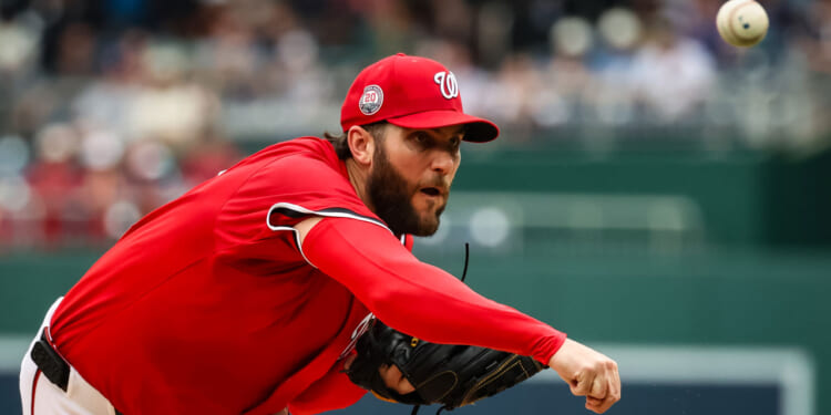 WASHINGTON, DC - JUNE 08: Trevor Williams #32 of the Washington Nationals baseball team pitches against the Texas Rangers in the first inning at Nationals Park on June 08, 2025 in Washington, DC. (Photo by Samuel Corum/Getty Images)