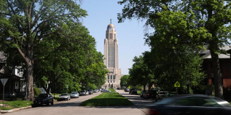 The Nebraska State Capitol can be seen in the sunlight on May 14, 2024.
