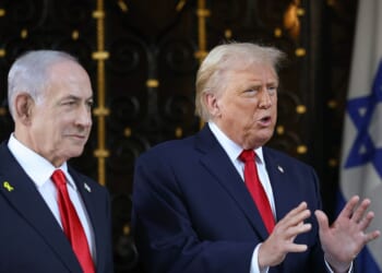President Donald Trump welcomes Israeli Prime Minister Benjamin Netanyahu to his Mar-a-Lago club on Dec. 29, 2025, in Palm Beach, Florida.