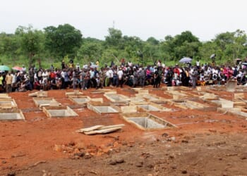 The graves of 17 Christian worshippers and two priests at a funeral service in the Gwer East district of Benue State, Nigeria on May 22, 2018.