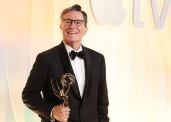 Late night host Stephen Colbert arrives at the Apple TV+ Primetime Emmy Party in West Hollywood, California, on Sept. 14, 2025.
