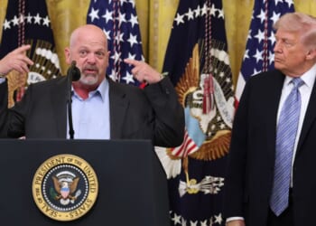 Las Vegas pawn shop owner and reality television actor Rick Harrison joins President Donald Trump during a small business summit in the East Room of the White House on May 4, 2026, in Washington, D.C.