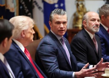 Secretary of War Pete Hegseth speaks as Secretary of State Marco Rubio, President Donald Trump, Commerce Secretary Howard Lutnick, and Transportation Secretary Sean Duffy listen during a Cabinet meeting in the Cabinet Room of the White House on May 27, 2026, in Washington, D.C.