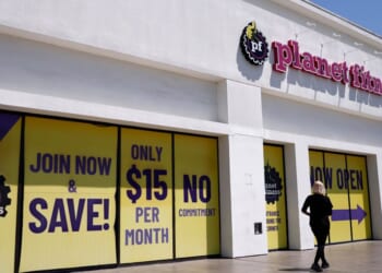The Planet Fitness logo is displayed at a Planet Fitness gym on May 7, 2026, in Pasadena, California.