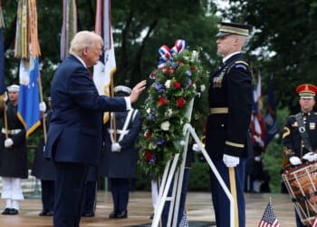 President Donald Trump participates in a Memorial Day wreath-laying ceremony at the Tomb of the Unknown Soldier at Arlington National Cemetery on May 25, 2026, in Arlington, Virginia.