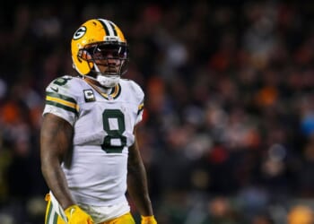 Josh Jacobs of the Green Bay Packers looks on from the field during an NFC Wild Card Playoff game against the Chicago Bears at Soldier Field on Jan. 10, 2026, in Chicago, Illinois.