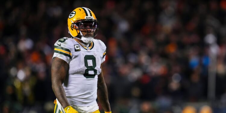 Josh Jacobs of the Green Bay Packers looks on from the field during an NFC Wild Card Playoff game against the Chicago Bears at Soldier Field on Jan. 10, 2026, in Chicago, Illinois.