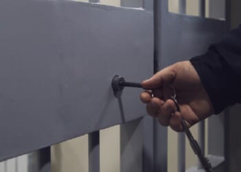 A photo illustration shows a hand using a key to open a barred door.