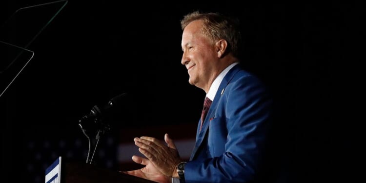 Texas Attorney General Ken Paxton speaks at an election night watch party held by the Lone Star Liberty PAC at the Dallas/Plano Marriott at Legacy Town Center on May 26, 2026, in Plano, Texas.