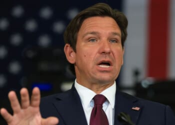 Florida Gov. Ron DeSantis speaks during a press conference held at the ICE-Enforcement and Removal Operation office on May 1, 2025, in Miramar, Florida.