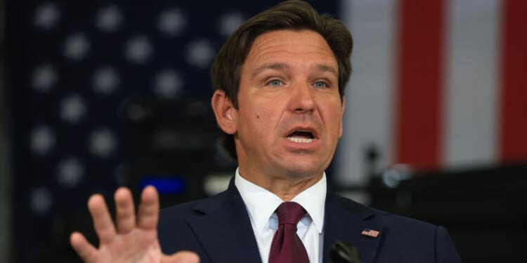 Florida Gov. Ron DeSantis speaks during a press conference held at the ICE-Enforcement and Removal Operation office on May 1, 2025, in Miramar, Florida.