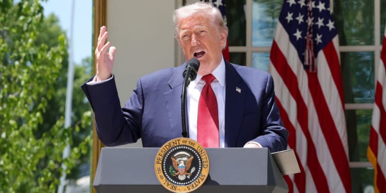 President Donald Trump delivers remarks Friday in the Rose Garden of the White House.