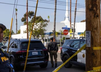 The San Diego Islamic Center is surrounded by local police following the shooting on May 18, 2026.