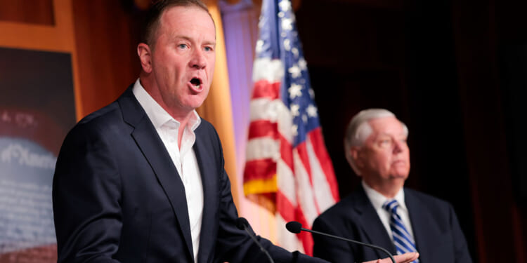 U.S. Sen. Eric Schmitt (R-MO) speaks during a press conference at the U.S. Capitol on April 27, 2026, in Washington, DC.
