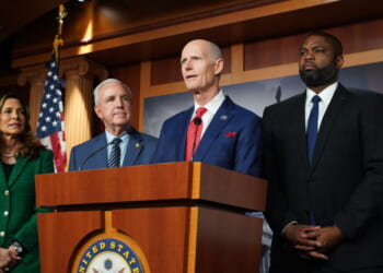 Sen. Rick Scott (c), Rep. Carlos Gimenez, Rep. Maria Elvira Salazar, and Rep. Byron Donalds.