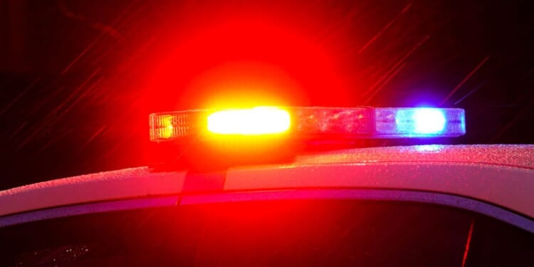 The lights on top of a police car flash at night.