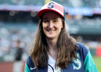 Seattle Mayor Katie Wilson looks on after the ceremonial first pitch before the game between the Seattle Mariners and the New York Yankees at T-Mobile Park on March 30, 2026 in Seattle, Washington. (Steph Chambers/Getty Images)