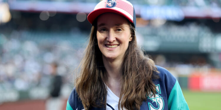 Seattle Mayor Katie Wilson looks on after the ceremonial first pitch before the game between the Seattle Mariners and the New York Yankees at T-Mobile Park on March 30, 2026 in Seattle, Washington. (Steph Chambers/Getty Images)
