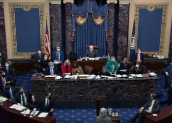 Senators fill the chamber on February 13, 2021 in Washington, D.C.