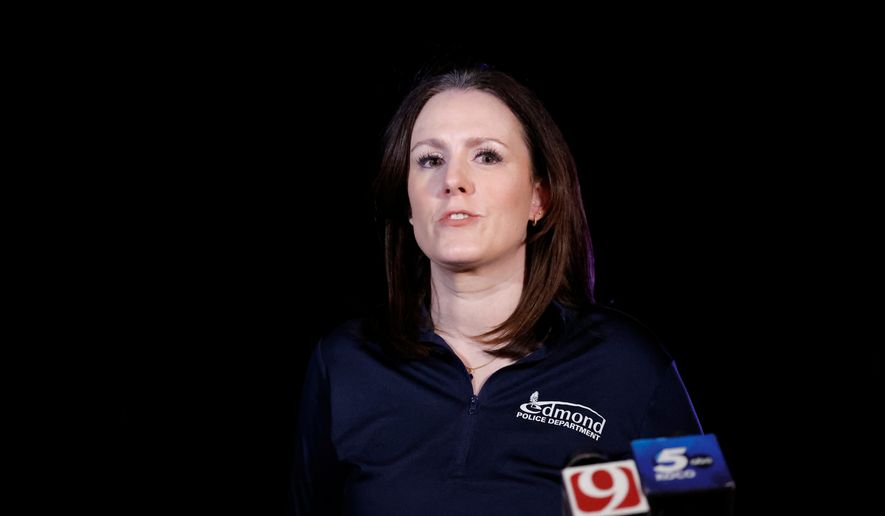 Emily Ward with the Edmond Police gives an update on a campground shooting at Arcadia Lake in Edmond, Okla., Saturday, May 3, 2026. (AP Photo/Alonzo Adams)