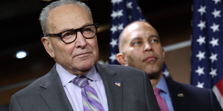 Senate Minority Leader Chuck Schumer and House Minority Leader Hakeem Jeffries, both New York Democrats, seen in a February photo, couldn't have been happy about the contents of a Democratic National Committee "autopsy" on the 2024 general election released this week, which analyzed the massive losses experienced by the Democratic Party over the past 15 years.