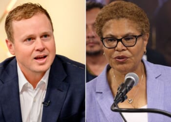 Republican LA Mayoral candidate Spencer Pratt, left, said his opponent, incumbent Democrat Mayor Karen Bass, was filmed breaking the law.