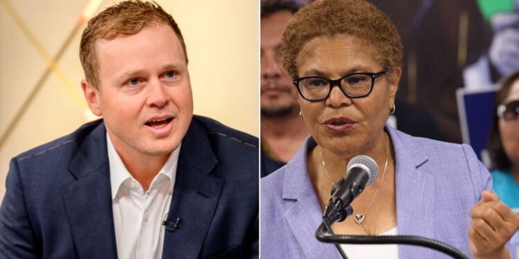Republican LA Mayoral candidate Spencer Pratt, left, said his opponent, incumbent Democrat Mayor Karen Bass, was filmed breaking the law.