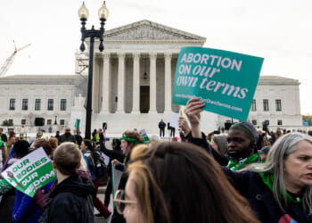 Demonstrators gather in front of the Supreme Court as the court hears oral arguments in the case of the U.S. Food and Drug Administration v. Alliance for Hippocratic Medicine on March 26, 2024 in Washington, DC. (Anna Rose Layden/Getty Images)