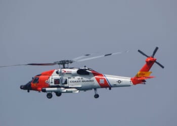 A U.S. Coast Guard Sikorsky MH-60T Jayhawk helicopter flies to the U.S. Coast Guard Sector San Diego air station on June 28, 2025, in San Diego, California.