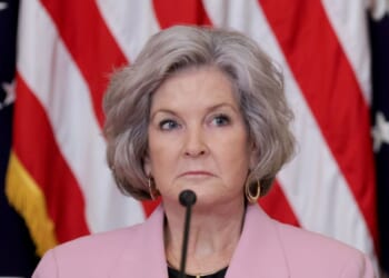White House Chief of Staff Susie Wiles listens as President Donald Trump speaks during a lunch with the Trump Kennedy Center Board Members in the East Room of the White House on March 16, 2026, in Washington, D.C.