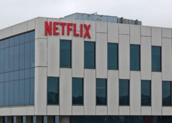 In an aerial view, the Netflix logo is displayed at a company office on May 12, 2026, in Los Angeles, California.