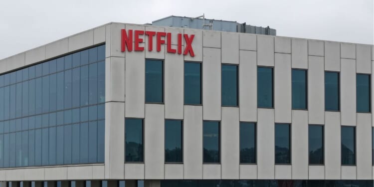In an aerial view, the Netflix logo is displayed at a company office on May 12, 2026, in Los Angeles, California.