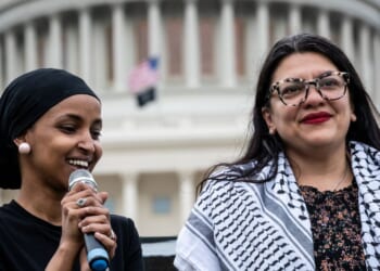Rep. Ilhan Omar and Rep. Rashida Tlaib participate in a Passover Seder on the U.S. Capitol lawn hosted by Jewish organizations advocating a ceasefire in Gaza and Palestinian freedom, in Washington, D.C., on April 30, 2024.