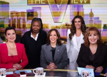 Vice President Kamala Harris is pictured in studio at ABC during a break in the recording of the show "The View" with hosts Sara Haines, Ana Navarro, Whoopi Goldberg, Alyssa Farah Griffin, Joy Behar, and Sunny Hostin in New York on Oct. 8, 2024.