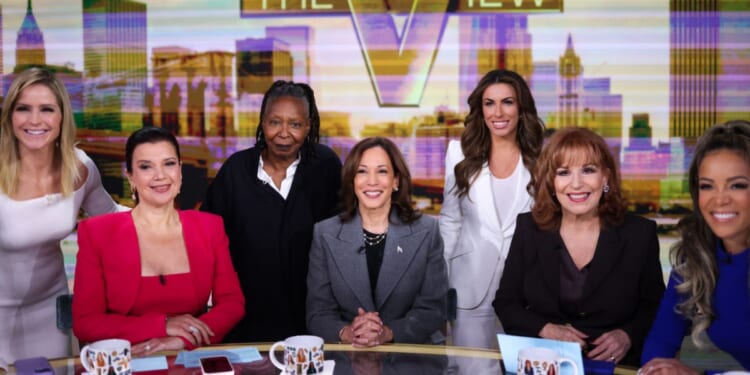 Vice President Kamala Harris is pictured in studio at ABC during a break in the recording of the show "The View" with hosts Sara Haines, Ana Navarro, Whoopi Goldberg, Alyssa Farah Griffin, Joy Behar, and Sunny Hostin in New York on Oct. 8, 2024.