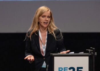 Dutch political commentator Eva Vlaardingerbroek speaks at a summit in Teatro Condominio in Gallarate, Italy, on May 17, 2025.
