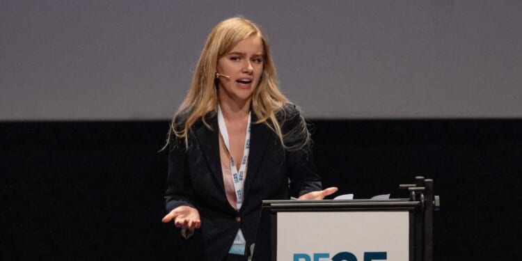 Dutch political commentator Eva Vlaardingerbroek speaks at a summit in Teatro Condominio in Gallarate, Italy, on May 17, 2025.