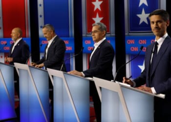 The Californian Gubernatorial candidates stand at their podiums in the CNN California Governor Primary Debate studio on May 5, 2026.