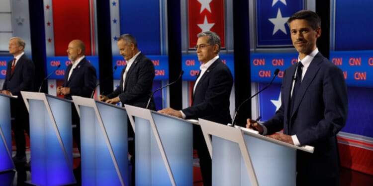 The Californian Gubernatorial candidates stand at their podiums in the CNN California Governor Primary Debate studio on May 5, 2026.
