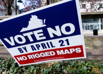 A sign urges early voters to vote no on the Virginia redistricting referendum.